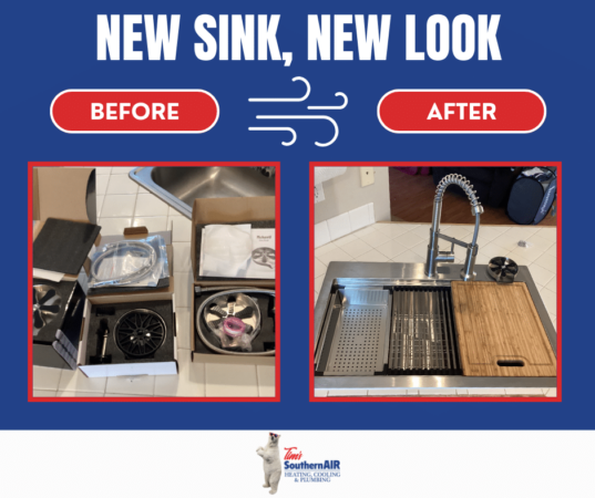 before and after photos of a new kitchen sink being installed